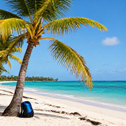 Caribbean Holidays, Haiti in November, Quiet tropical beach in Haiti in November, with turquoise water, palm trees and a backpack resting near the shore