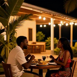 Caribbean Holidays, Haiti in November, Romantic Haitian evening with a couple dining outdoors under warm lights, local food and tropical plants