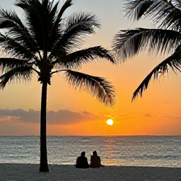 Caribbean Holidays, Haiti in October, A couple enjoying a calm sunset from a Haitian beach resort, with palm silhouettes and warm evening light over the Caribbean Sea
