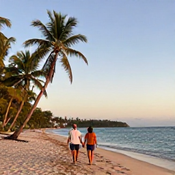 Caribbean Holidays, Haiti in October, A couple walking hand in hand along a quiet tropical beach in Haiti at golden hour, with palm trees and calm Caribbean water