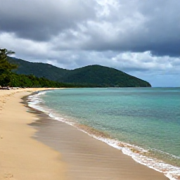 Caribbean Holidays, Haiti in October, A quiet Haitian beach with clear Caribbean water, golden sand and green hills in the distance after a brief tropical shower