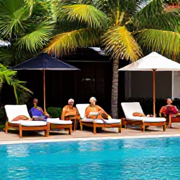 Caribbean Holidays, Haiti in October, Guests relaxing beside a Caribbean resort pool in Haiti, with sun loungers, tropical greenery and refreshments