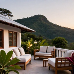 Caribbean Holidays, Haiti in October, Relaxed Haitian guesthouse terrace overlooking tropical hills, comfortable seating, plants and soft evening light