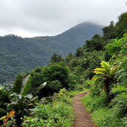 Caribbean Holidays, Haiti in September, A lush Haitian mountain landscape in September with tropical greenery, misty hills and a narrow walking trail