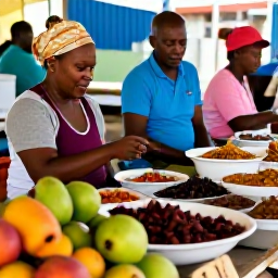 Caribbean Holidays, Haiti in September, Friendly Haitian food market with fresh fruit, spices and traditional dishes displayed by local vendors