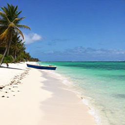 Caribbean Holidays, Haiti in September, Quiet Haitian beach with clear turquoise water, palm trees and a small boat near the shore