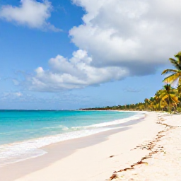 Caribbean Holidays, Haiti in September, Quiet Haitian coastline with turquoise water, a sandy beach and palm trees beneath a partly cloudy September sky