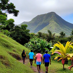 Caribbean Holidays, Haiti January Adventures, Hikers walking through lush Haitian hills near Jacmel, with tropical plants and a distant mountain view