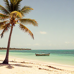 Caribbean Holidays, Haiti January Holidays, A calm Haitian beach with turquoise water, palm trees and a small fishing boat in warm January sunshine