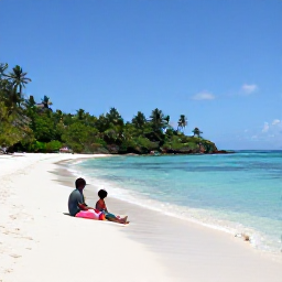 Caribbean Holidays, Haiti January Holidays, A family relaxing on a quiet Haitian beach with soft sand, clear shallow water, tropical greenery and safe-looking swimming conditions