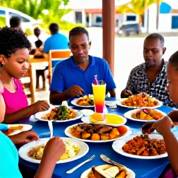 Caribbean Holidays, Haiti January Holidays, A family sharing a colourful Haitian meal at an outdoor restaurant, with fresh seafood, rice, plantain and tropical fruit on the table