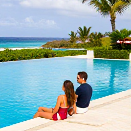 Caribbean Holidays, Haiti January Holidays, A happy couple relaxing beside a stylish infinity pool at a Haitian luxury resort, with tropical gardens and Caribbean sea views in January
