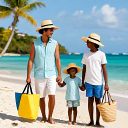 Caribbean Holidays, Haiti January Holidays, A happy family preparing for a comfortable January holiday in Haiti, with sun hats, light clothing, beach bags and a tropical backdrop