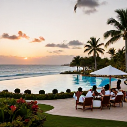 Caribbean Holidays, Haiti January Holidays, A luxury beachfront hotel in Haiti at sunset, with an infinity pool, tropical gardens and guests enjoying a relaxed evening atmosphere