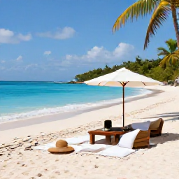 Caribbean Holidays, Haiti January Holidays, A peaceful Haitian beach with clear blue water, white sand, a stylish luxury picnic setup and palm-fringed coastline under a sunny January sky