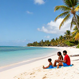 Caribbean Holidays, Haiti January Holidays, A relaxed family enjoying a sunny beach in Haiti in January, with calm turquoise water, palm trees and a welcoming Caribbean atmosphere