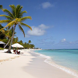 Caribbean Holidays, Haiti January Holidays, A secluded Haitian beach with clear blue water, soft sand, palm trees and a couple relaxing beneath a shaded umbrella