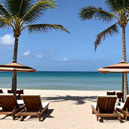 Caribbean Holidays, Haiti January Holidays, A stylish luxury resort beside a calm turquoise Caribbean sea in Haiti, with palm trees, bright sunshine and elegant sun loungers