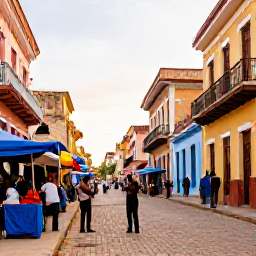 Caribbean Holidays, Haiti January Holidays, Colourful Haitian street scene with musicians, market stalls and historic buildings in warm afternoon light