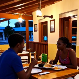 Caribbean Holidays, Haiti January Holidays, Couple dining outdoors at a relaxed Haitian restaurant in the evening with local dishes and soft lights