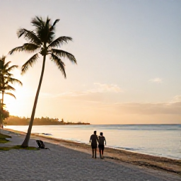 Caribbean Holidays, Haiti January Holidays, Couple walking along a Haitian beach at sunrise in January, with palm trees, calm sea and soft golden light