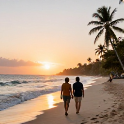 Caribbean Holidays, Haiti January Holidays, Couple walking along a quiet Haitian beach at sunset in January, with gentle waves and a relaxed tropical atmosphere