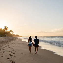 Caribbean Holidays, Haiti January Holidays, Couple walking hand in hand along a quiet Haitian beach at sunrise in January