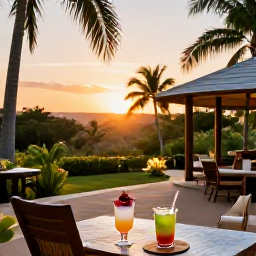 Caribbean Holidays, Haiti January Holidays, Elegant adults-only resort terrace in Haiti at sunset, with two glasses of drinks, soft lights and tropical gardens