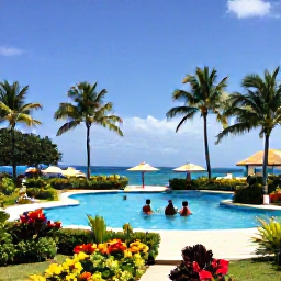 Caribbean Holidays, Haiti January Holidays, Haitian coastal resort in January with guests enjoying a swimming pool, tropical gardens and a bright blue sky