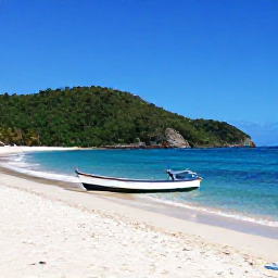 Caribbean Holidays, Haiti January Holidays, Haitian coastline in January with turquoise sea, sandy beach, green hills and a small traditional fishing boat