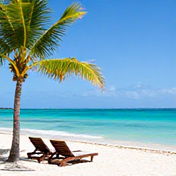 Caribbean Holidays, Haiti January Holidays, Romantic Haitian beach with turquoise water, palm trees and two sun loungers in clear January sunshine