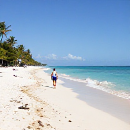 Caribbean Holidays, Haiti January Holidays, Solo traveller walking along a quiet Caribbean beach in Haiti in bright January sunshine