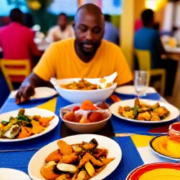Caribbean Holidays, Haiti January Trip, A friendly Haitian dining scene with Creole dishes, fresh seafood, colourful tableware and warm evening light