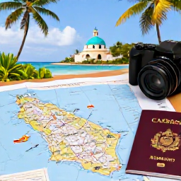 Caribbean Holidays, Haiti January Trip, A well-planned Caribbean island-hopping journey with a map, passport, camera and tropical destinations represented in the background