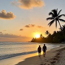 Caribbean Holidays, Haiti July Holidays, A couple walking along a peaceful Haitian beach at sunset in July, with calm waves, palm silhouettes and warm golden light