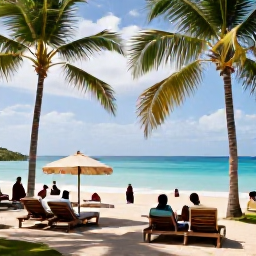 Caribbean Holidays, Haiti July Holidays, A relaxed beachfront resort in Haiti in July, with palm trees, turquoise water, sun loungers and guests enjoying a warm Caribbean afternoon