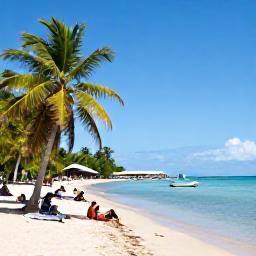 Caribbean Holidays, Haiti July Holidays, Haitian beach and tropical coastline in July with palm trees, calm blue water and travellers relaxing near a fishing village