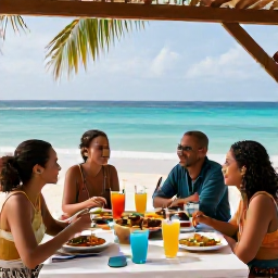 Caribbean Holidays, Haiti July Holidays, Haitian beach resort in July with travellers dining outdoors, colourful tropical food, cool drinks and views across the Caribbean Sea