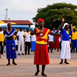 Caribbean Holidays, Haiti July Holidays, Traditional Haitian music and dance performance at an outdoor community celebration in July, with colourful clothing and warm evening light