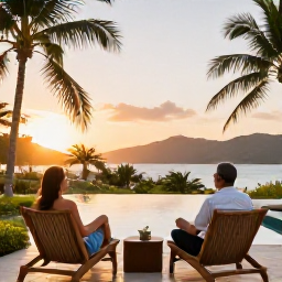 Caribbean Holidays, Haiti June Holidays, Couple relaxing at a comfortable Haiti hotel terrace at sunset with palm trees and distant hills