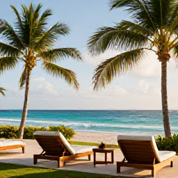 Caribbean Holidays, Haiti Luxury Holidays, A luxurious coastal resort in Haiti in April, with a turquoise sea, palm trees, elegant loungers and warm morning sunlight