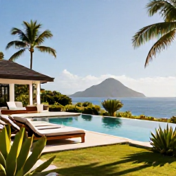 Caribbean Holidays, Haiti Luxury Holidays, A luxurious Haitian villa with an infinity pool, tropical garden and distant Caribbean mountain and sea views in warm July sunshine