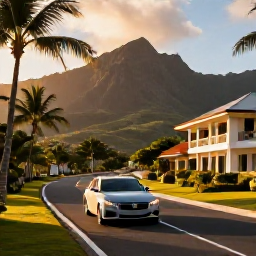 Caribbean Holidays, Haiti Luxury Holidays, A luxury Haiti travel scene with a private car, palm-lined road, mountain views and a welcoming boutique hotel at golden hour
