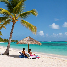 Caribbean Holidays, Haiti Luxury Holidays, A private white-sand beach in Haiti with turquoise water, palm trees and a couple relaxing beneath a shaded beach umbrella