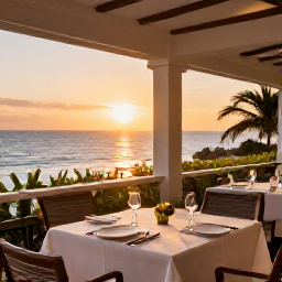 Caribbean Holidays, Haiti Luxury Holidays, A refined Haitian restaurant serving fresh seafood and local cuisine in an elegant open-air setting at sunset