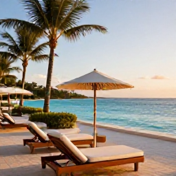 Caribbean Holidays, Haiti Luxury Holidays, A sophisticated coastal resort in Haiti in May, with turquoise Caribbean water, palm trees, elegant loungers and warm late-afternoon sunlight