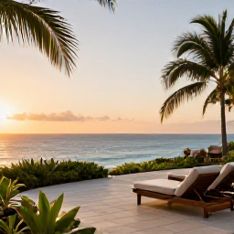 Caribbean Holidays, Haiti Luxury Holidays, A stylish luxury hotel terrace overlooking the Caribbean Sea in Haiti at sunset, with comfortable loungers and tropical greenery