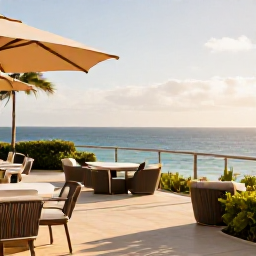 Caribbean Holidays, Haiti Luxury Holidays, A stylish luxury hotel terrace overlooking the Caribbean Sea in Haiti during warm March sunshine