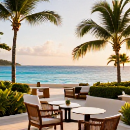 Caribbean Holidays, Haiti Luxury Holidays, A stylish luxury resort overlooking a turquoise Caribbean bay in Haiti during February, with palm trees, warm sunlight and elegant outdoor seating