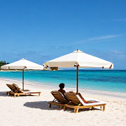 Caribbean Holidays, Haiti Luxury Holidays, A stylish private beach setting in Haiti, with clear blue water, white sand, shaded sunbeds and a couple enjoying a peaceful April afternoon